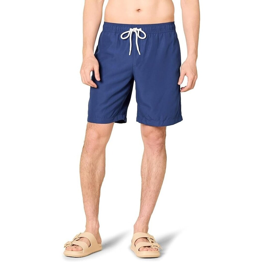 Amazon Essentials Men's 9" Swim Trunks SMALL Navy Mesh Lining Pockets Drawstring